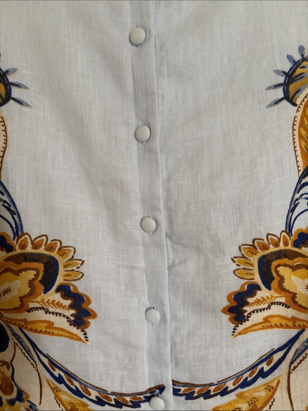 Sleeveless Linen-Blend Top Light Blue with Gold & Blue Floral Print-M-EUC! - Picture 3 of 9